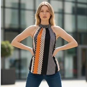 Multicolor Polka Dot Print Key‎ Hole Back Halter Neck Womens Sleeveless Blouse